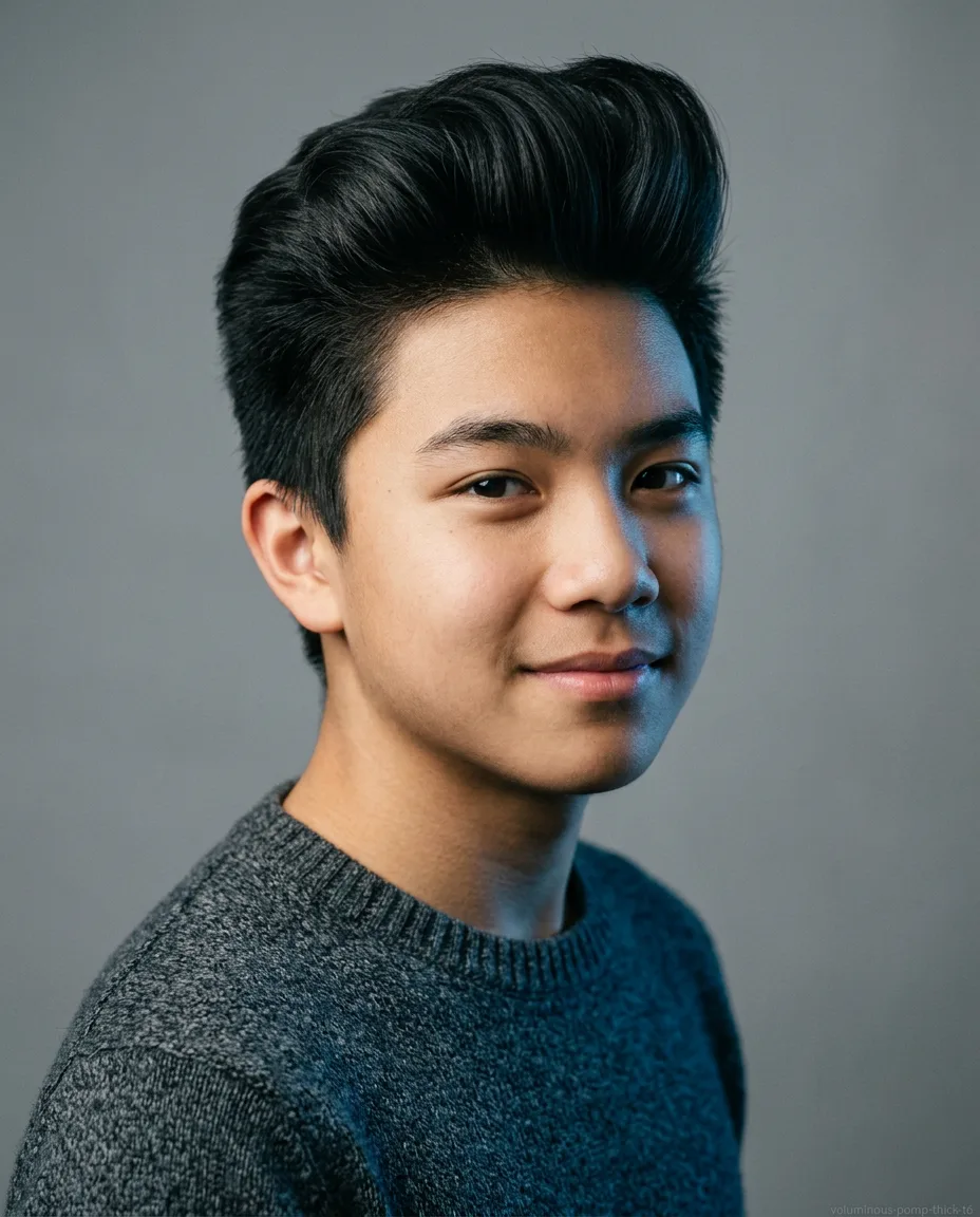 Voluminous long pompadour on thick teen hair